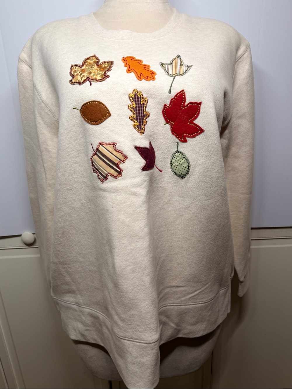 Field Gear 1X Fall Leaf Applique Patchwork Sweatshirt Cottagecore Lagenlook